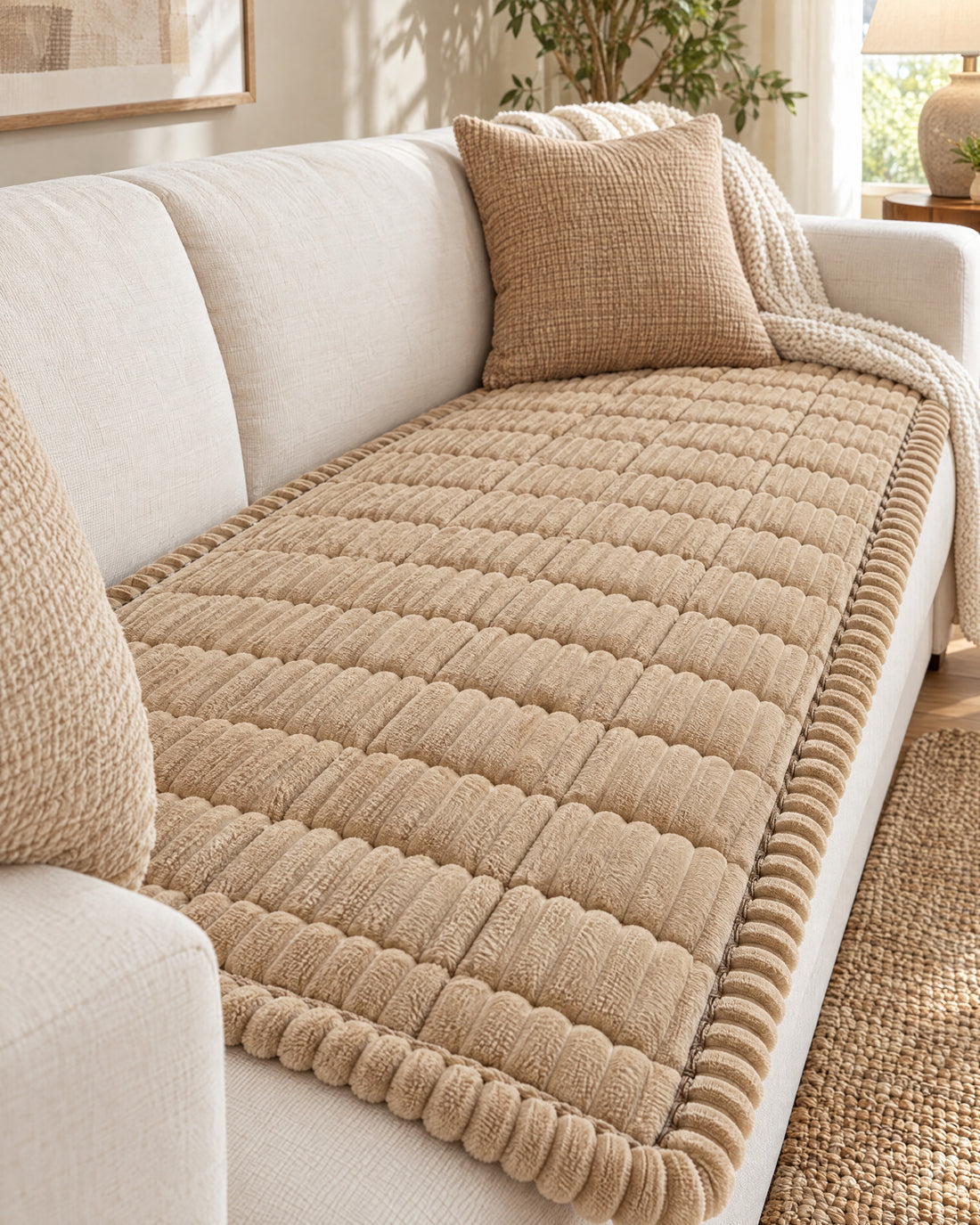 A covered sofa in a warm living room