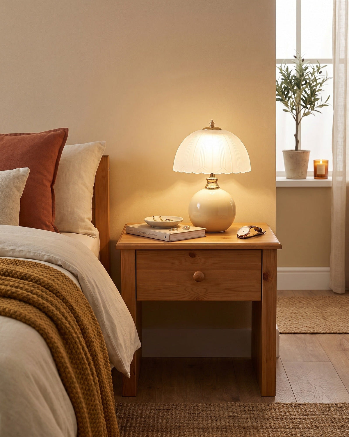 Cream Petal Dome ceramic lamp with a scalloped glass shade on a wooden nightstand