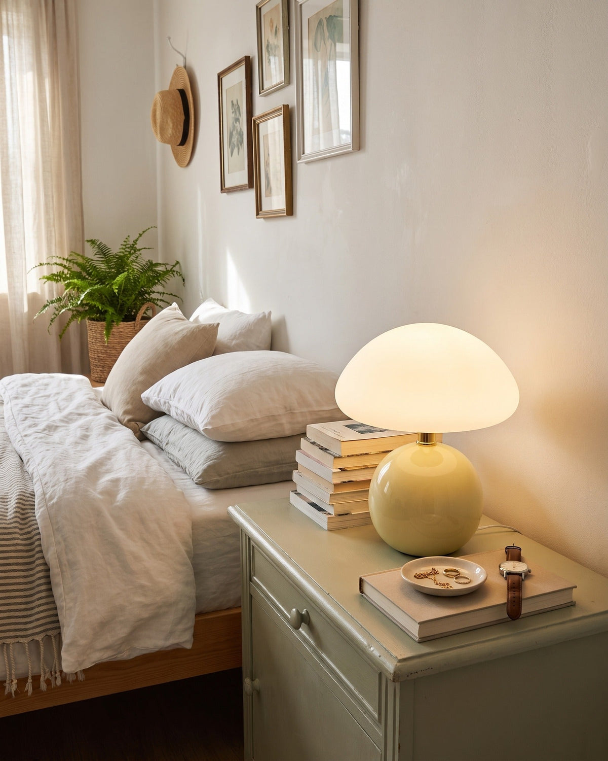 Cream Dolce mushroom lamp on a sage nightstand beside a bed with white linens