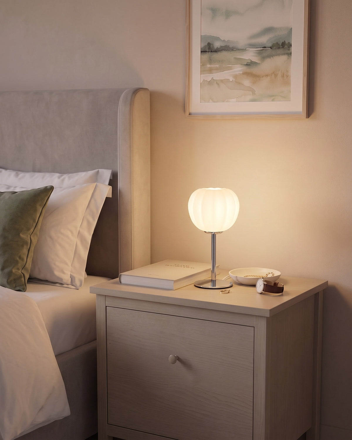 Luna Ribbed Opal Glass Nightstand Lamp — right angle