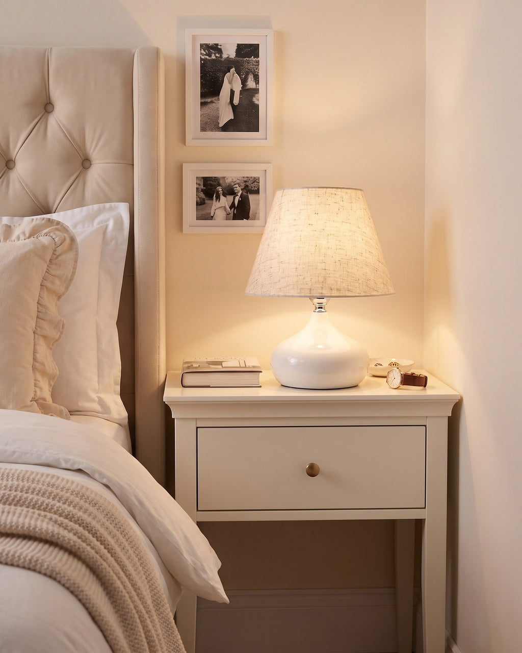 White: Aria White Ceramic Nightstand Lamp — right angle