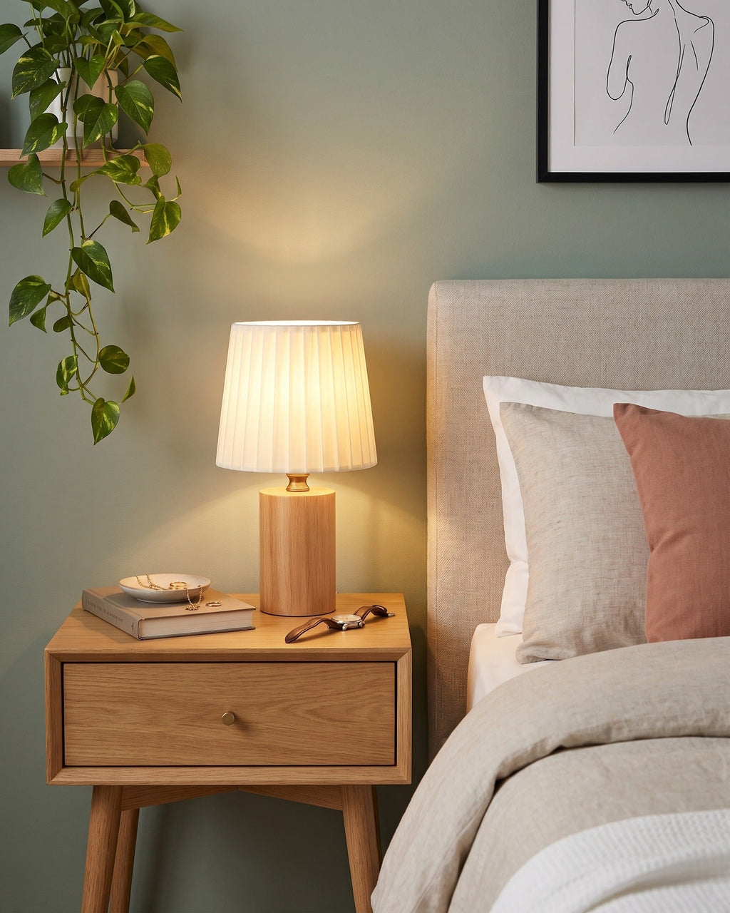 Linnea pleated oak nightstand lamp on an oak nightstand, seen from the left