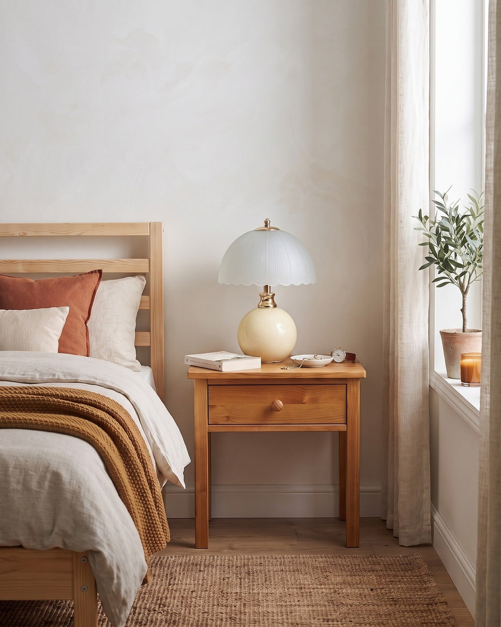 Petal Dome ceramic nightstand lamp in a bright bedroom during the day