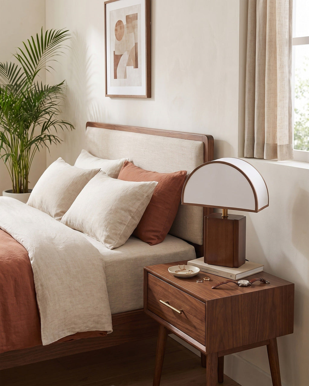 Halvo walnut nightstand lamp in a bright bedroom during the day
