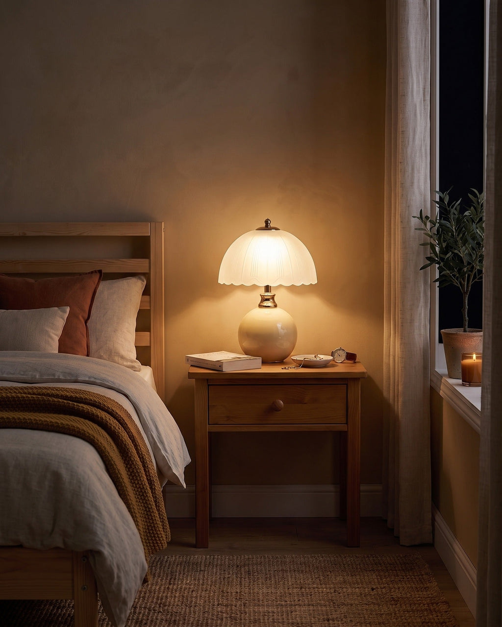 Cream Petal Dome lamp glowing on a wooden nightstand in the evening
