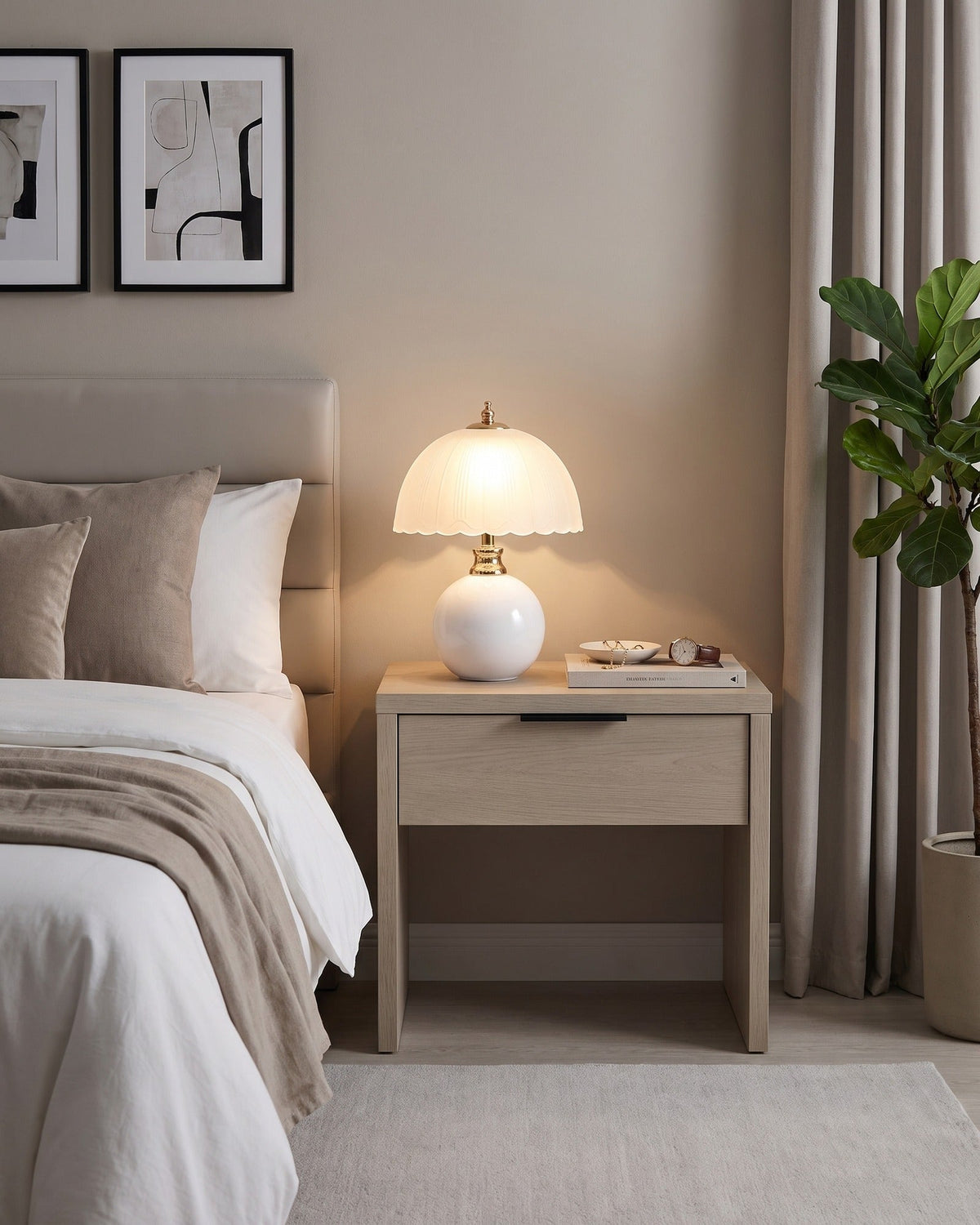 White Petal Dome ceramic lamp on a light gray nightstand