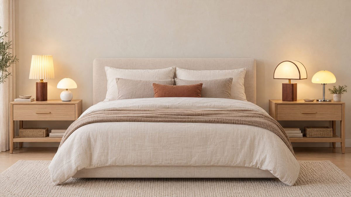 Qualux Decor nightstand lamps, four lamps on two nightstands in a bright bedroom