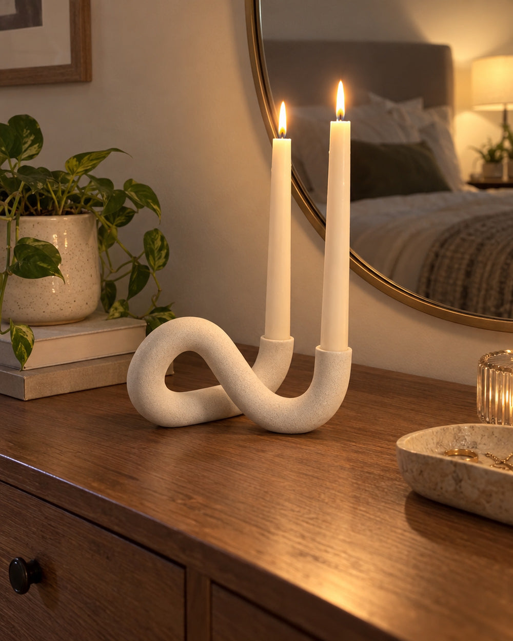 Knot Sculptural Double Candle Holder in a real home