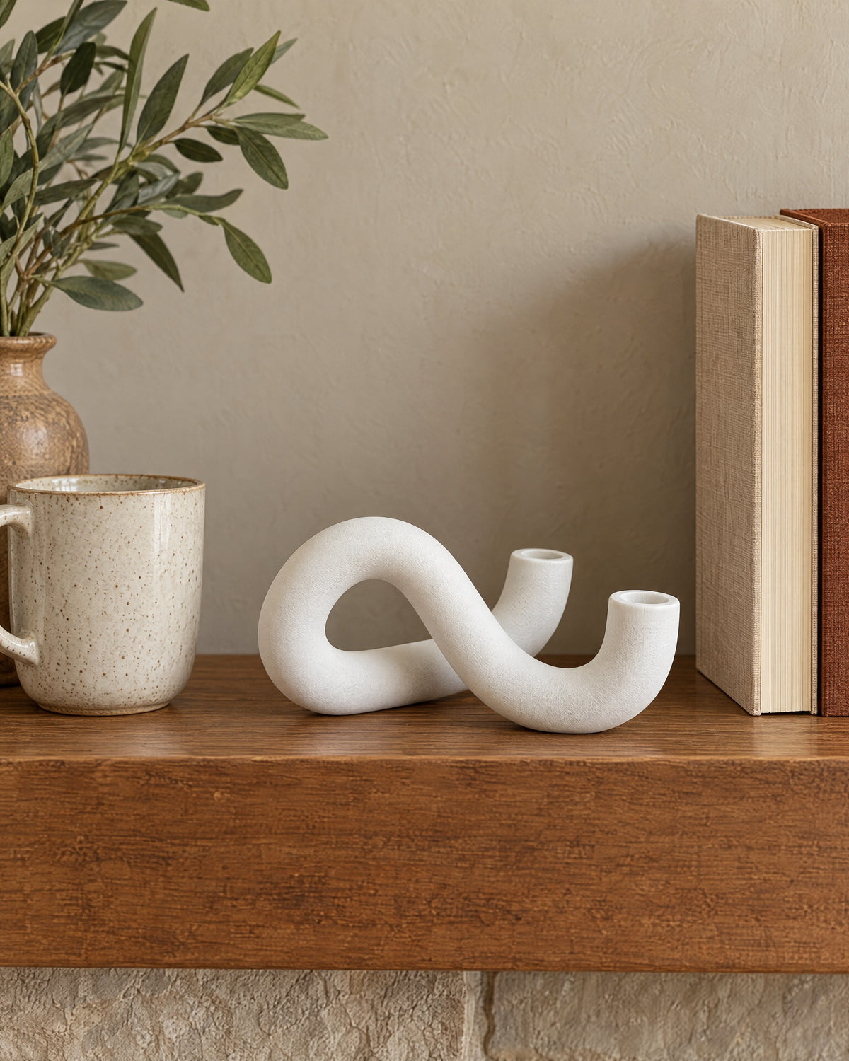 White: Knot Sculptural Double Candle Holder shown at true scale