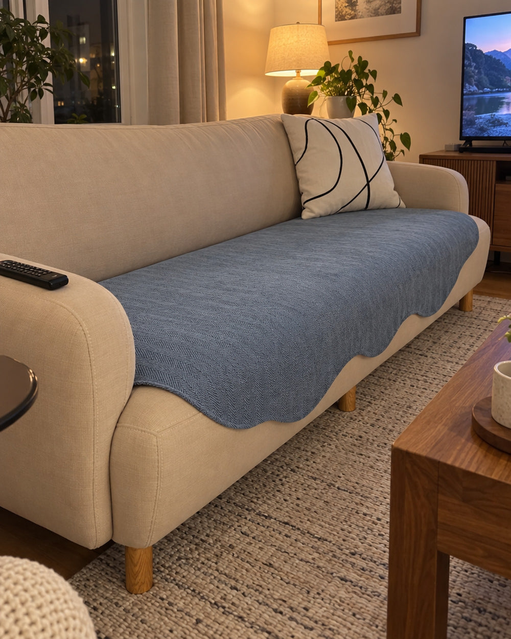All-Season Plain Contour Fit Sofa Cover in a real home