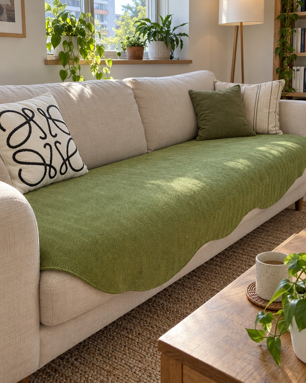 All-Season Plain Contour Fit Sofa Cover in a real home