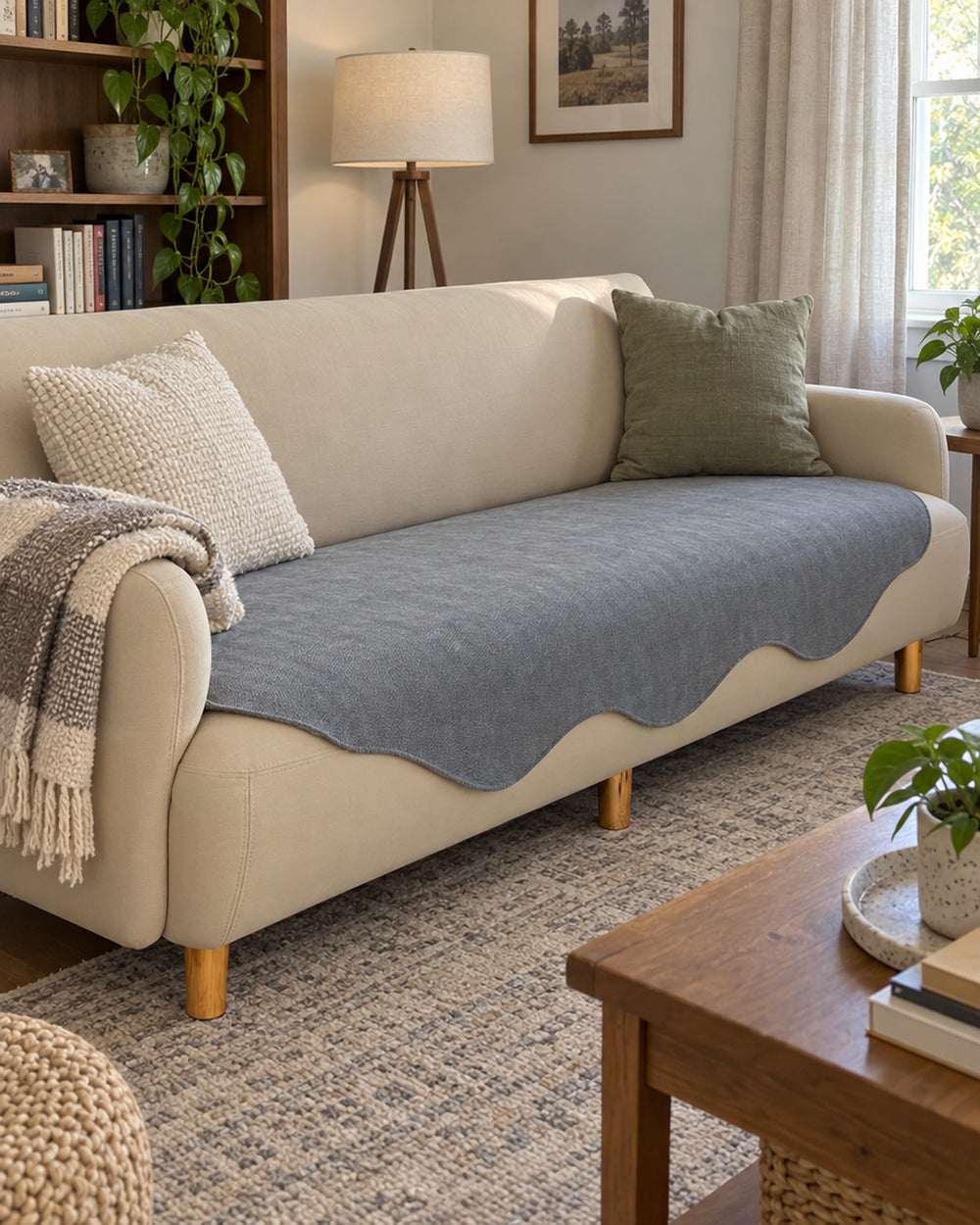 All-Season Plain Contour Fit Sofa Cover in a real home
