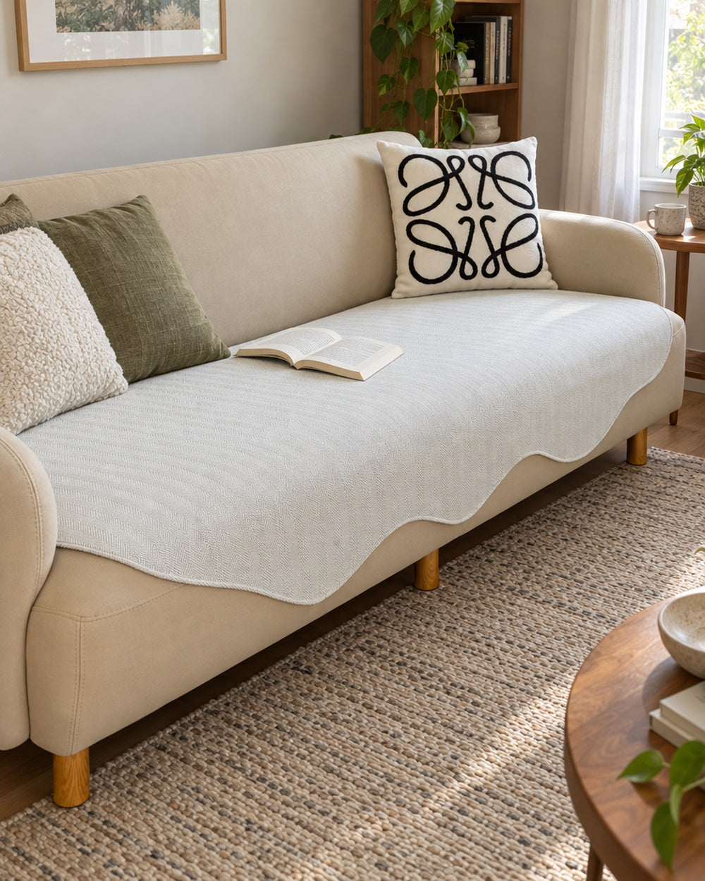 All-Season Plain Contour Fit Sofa Cover in a real home