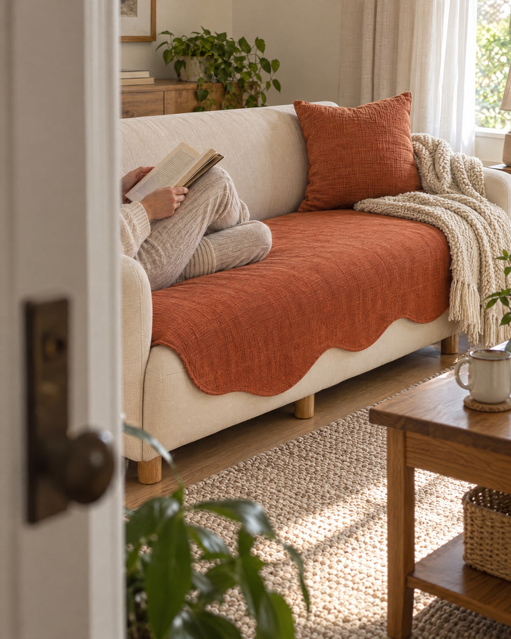All-Season Plain Contour Fit Sofa Cover in a real home, in use