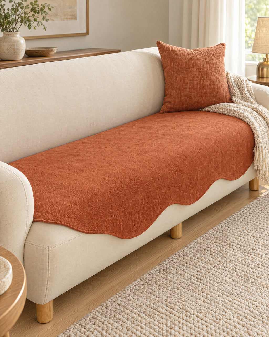Rust Haze: All-Season Plain Contour Fit Sofa Cover, styled on a sofa