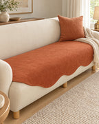 Rust Haze: All-Season Plain Contour Fit Sofa Cover, styled on a sofa