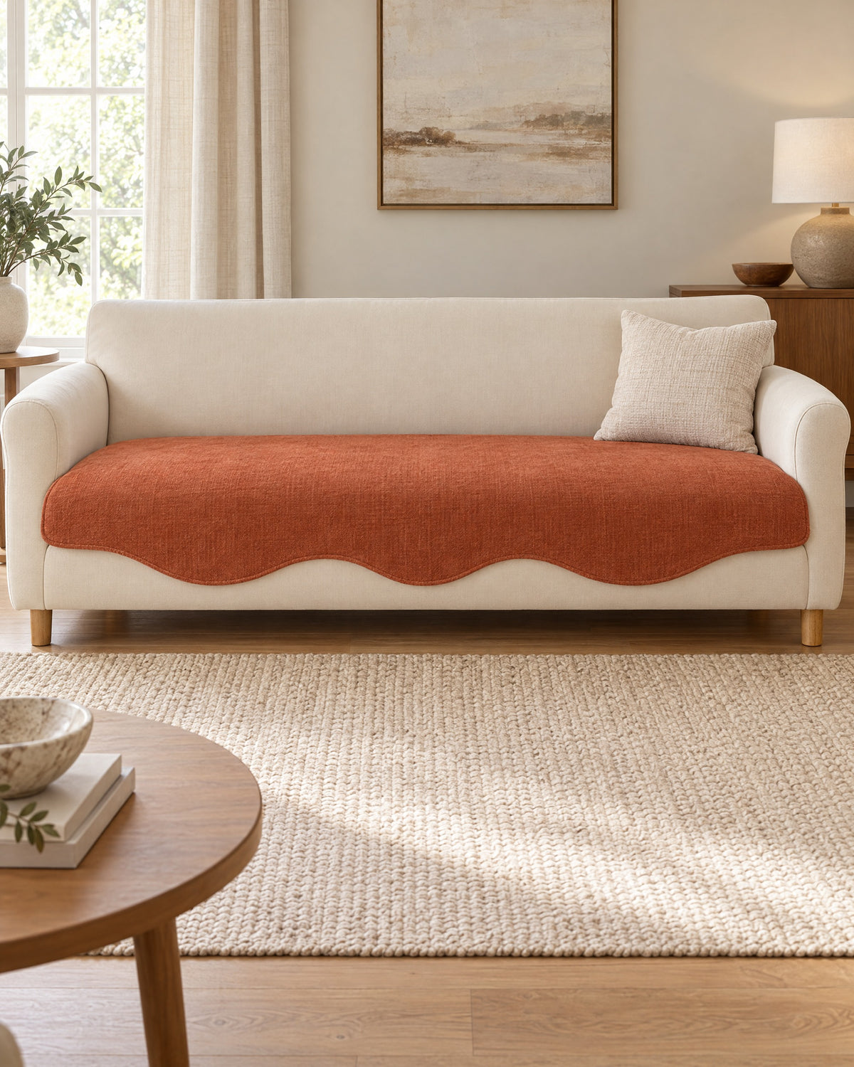 Rust Haze: All-Season Plain Contour Fit Sofa Cover shown on a full sofa
