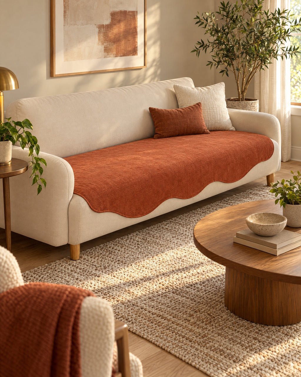 Rust Haze: All-Season Plain Contour Fit Sofa Cover in a warm living room