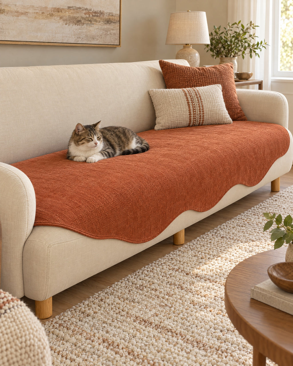 Rust Haze: A cat resting on the All-Season Plain Contour Fit Sofa Cover