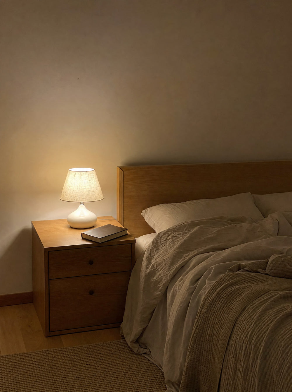 Aria White Ceramic Nightstand Lamp, at night on a nightstand