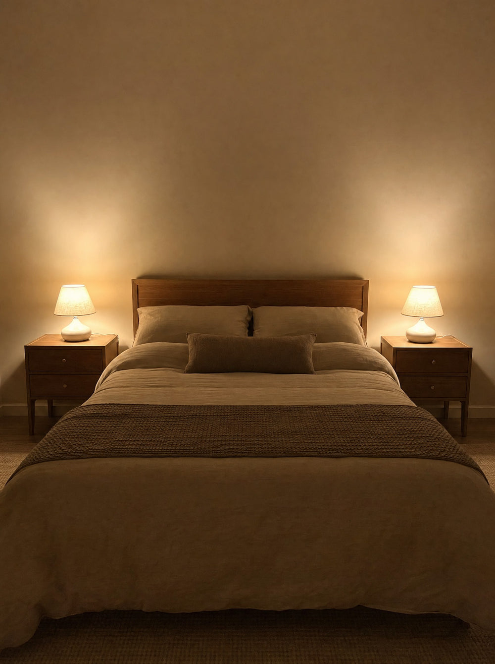 Aria White Ceramic Nightstand Lamp, as a pair on both nightstands at night