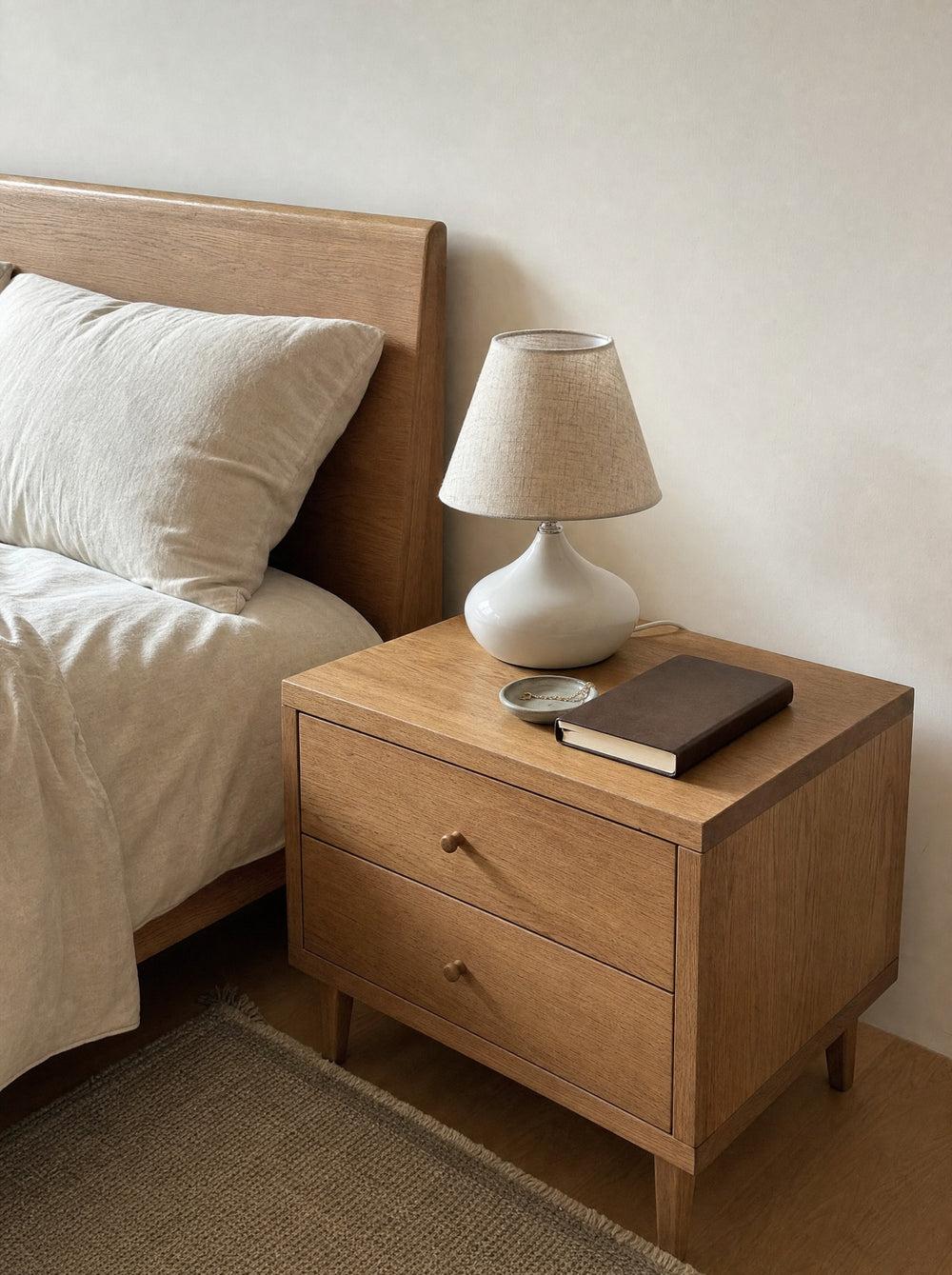Aria White Ceramic Nightstand Lamp, in daylight