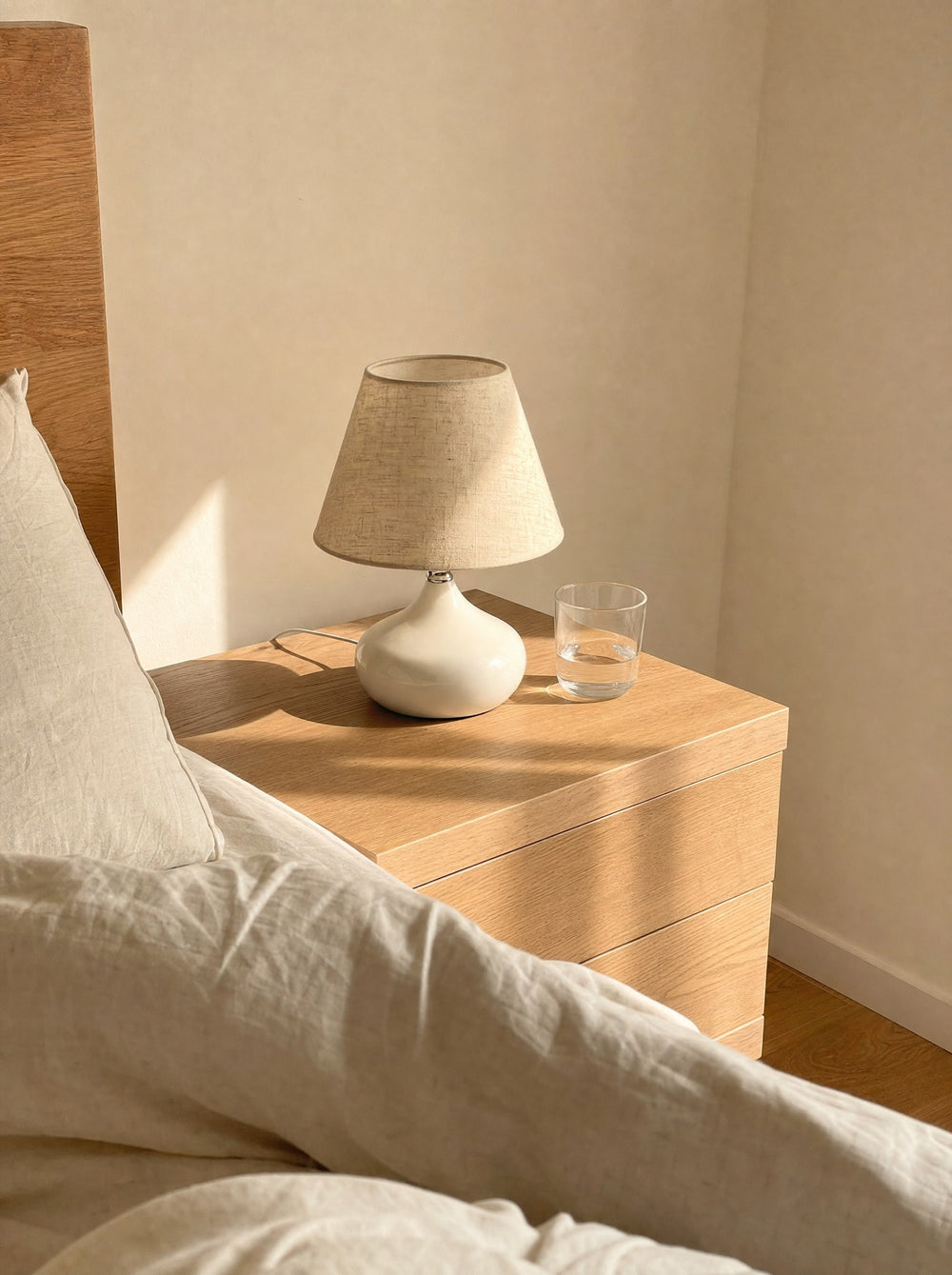 Aria White Ceramic Nightstand Lamp, seen from the bed in the morning