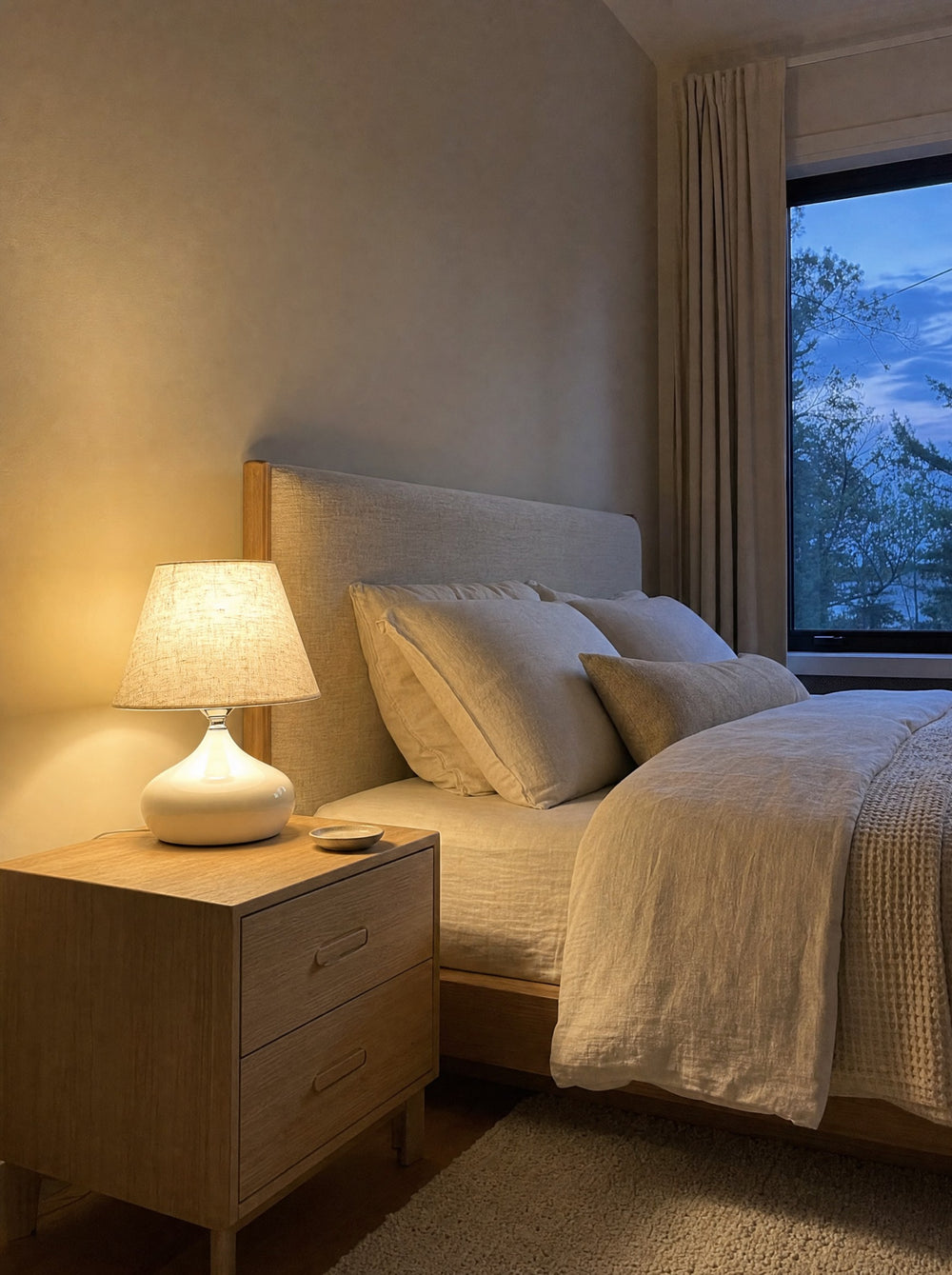 Aria White Ceramic Nightstand Lamp, at dusk