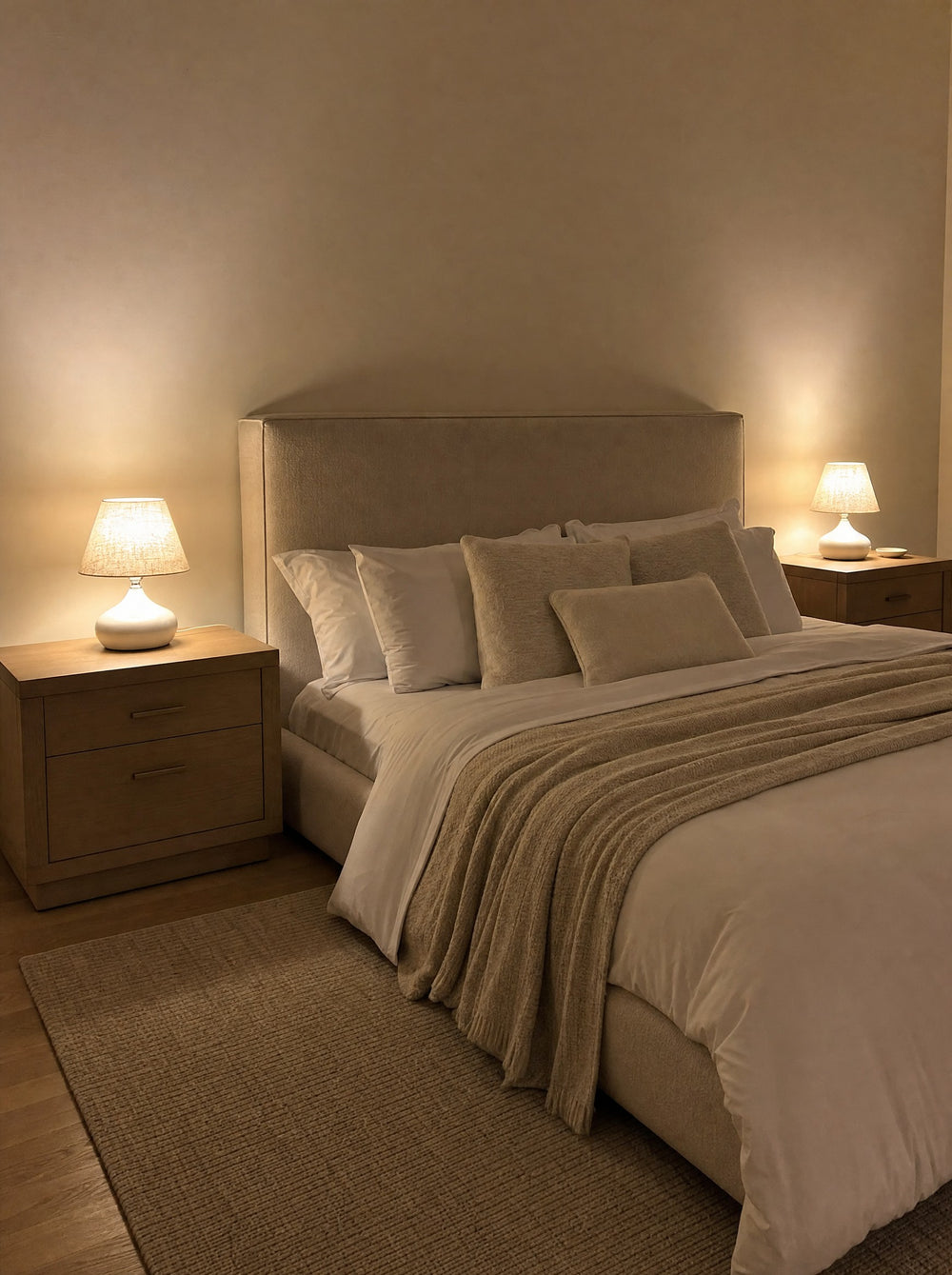 Aria White Ceramic Nightstand Lamp, as a pair on both nightstands