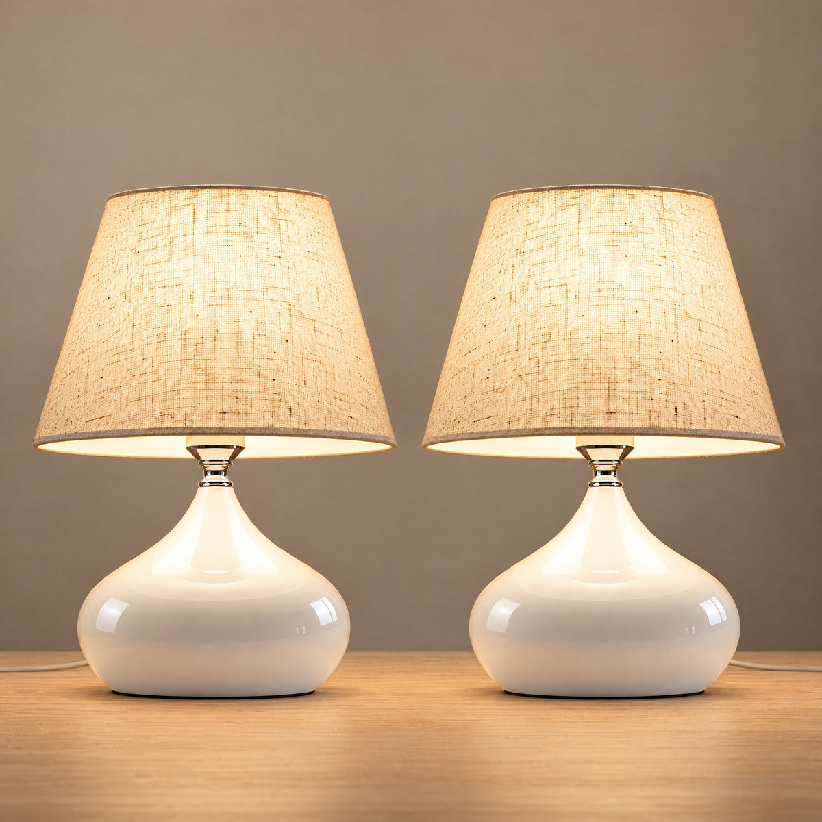 Aria White Ceramic Nightstand Lamp, Set of 2, both lamps switched on