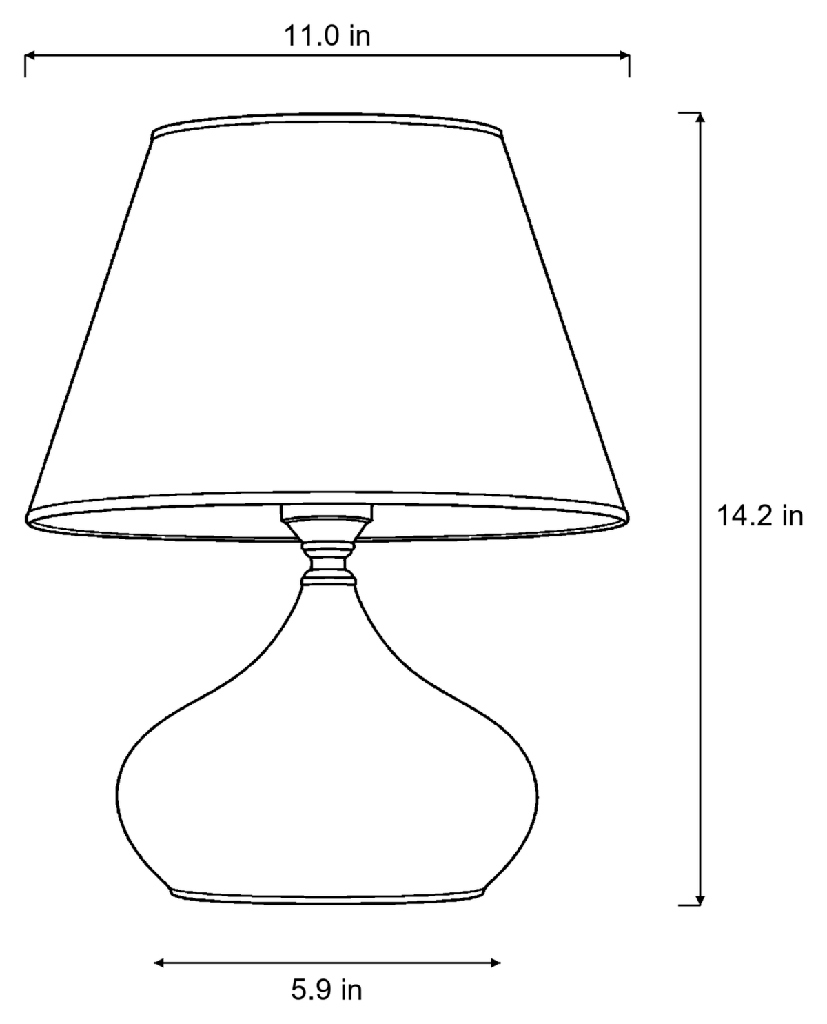 Dimensions sketch of the Aria Ceramic Nightstand Lamp with measurements
