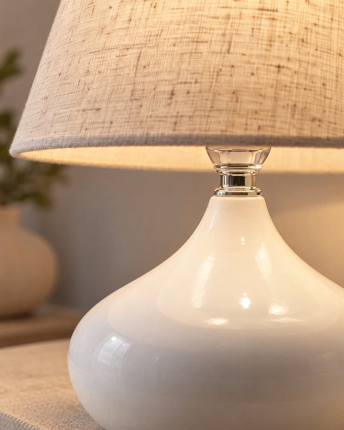 White: Close-up of the white finish and hardware of the Aria Ceramic Nightstand Lamp