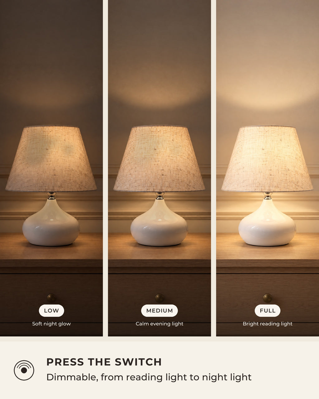 White: Aria Ceramic Nightstand Lamp dimming levels, low, medium and full brightness
