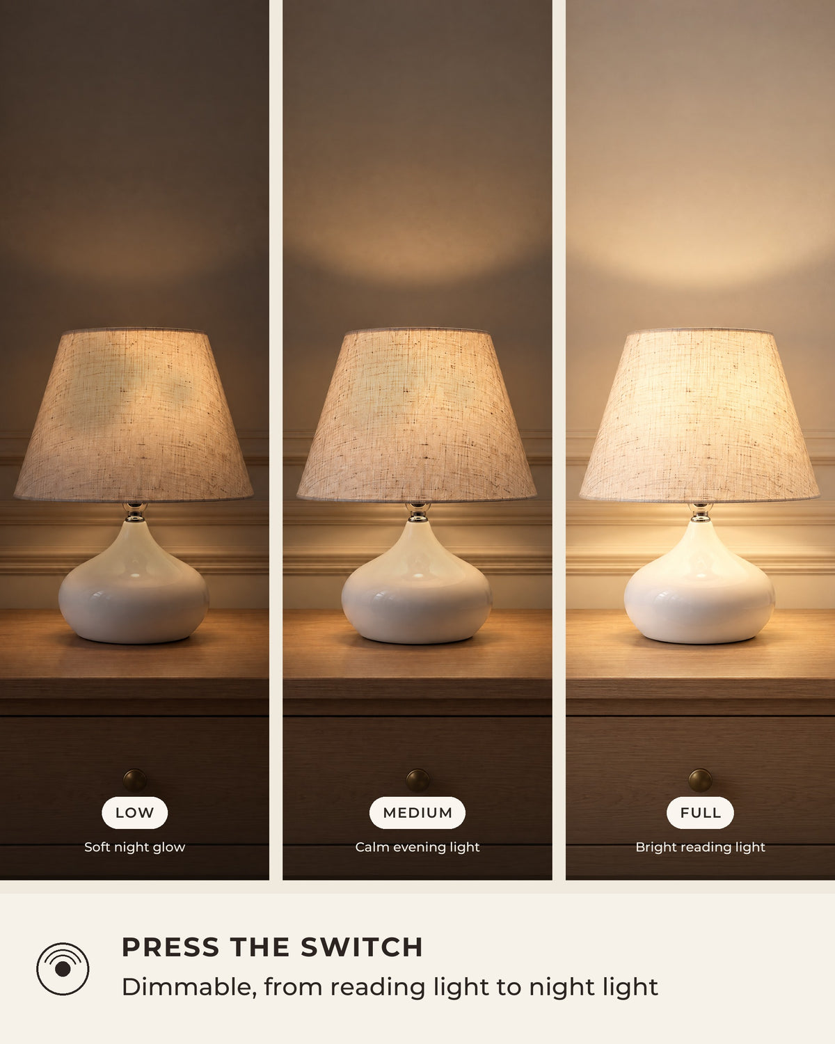 White: Aria Ceramic Nightstand Lamp dimming levels, low, medium and full brightness