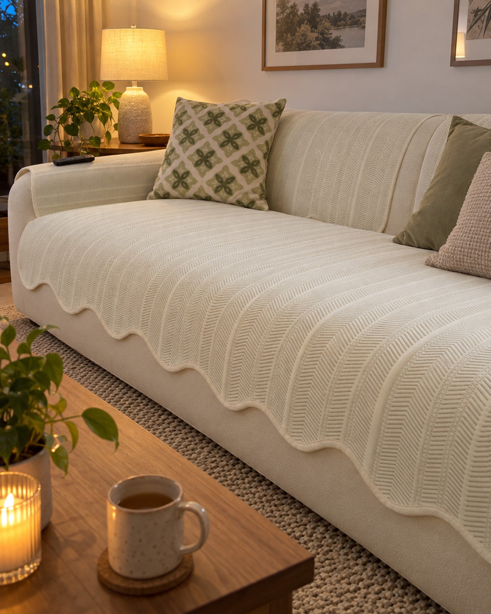 Aurivelle Herringbone Scallop Edge Sofa Cover in a real home