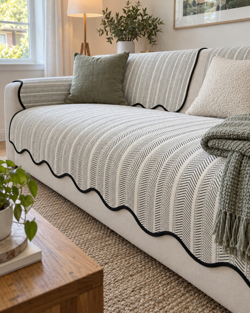 Aurivelle Herringbone Scallop Edge Sofa Cover in a real home