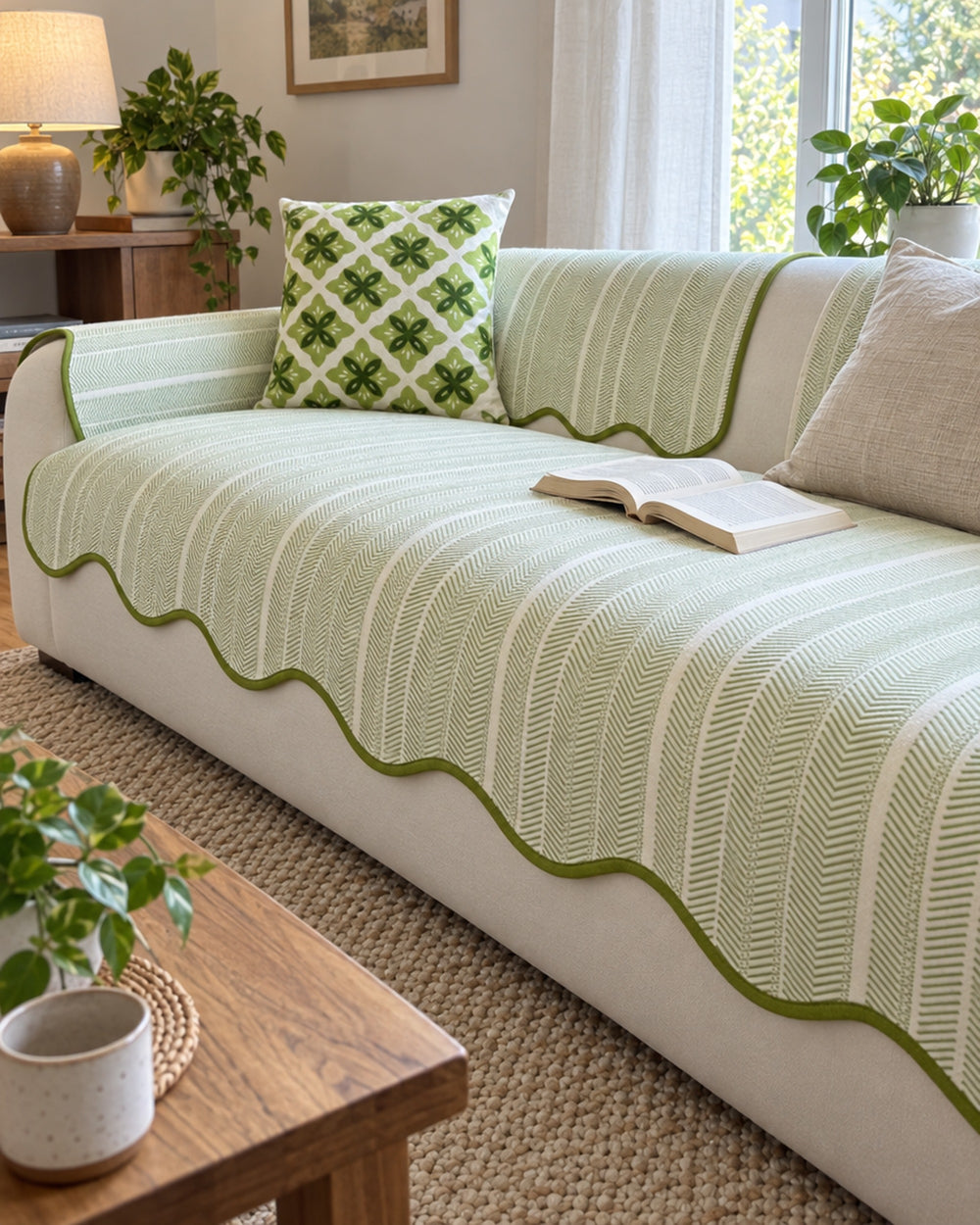 Aurivelle Herringbone Scallop Edge Sofa Cover in a real home