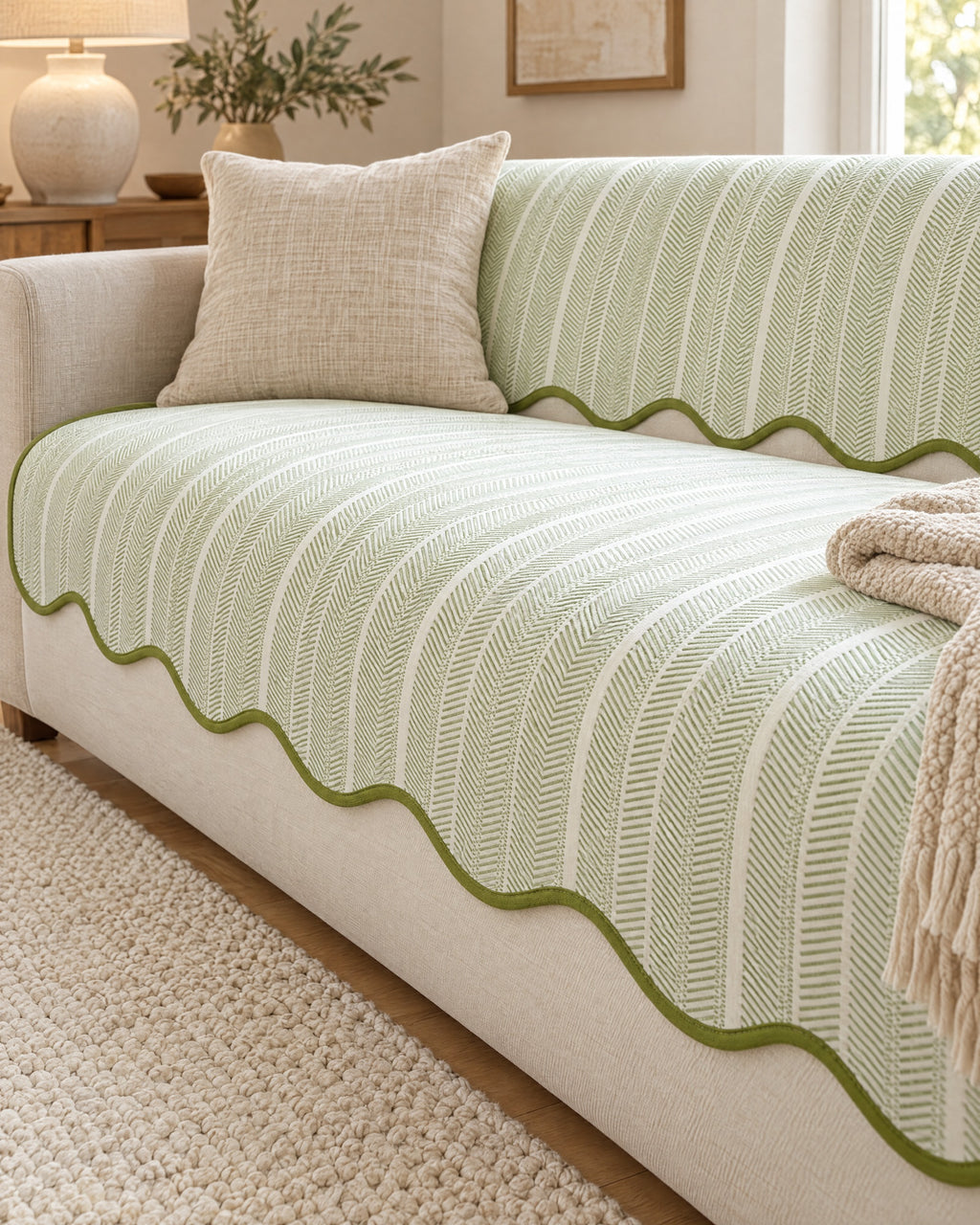 Sage Stripe: Aurivelle Herringbone Scallop Edge Sofa Cover, styled on a sofa