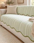 Sage Stripe: Aurivelle Herringbone Scallop Edge Sofa Cover, styled on a sofa