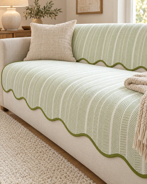 Sage Stripe: Aurivelle Herringbone Scallop Edge Sofa Cover, styled on a sofa