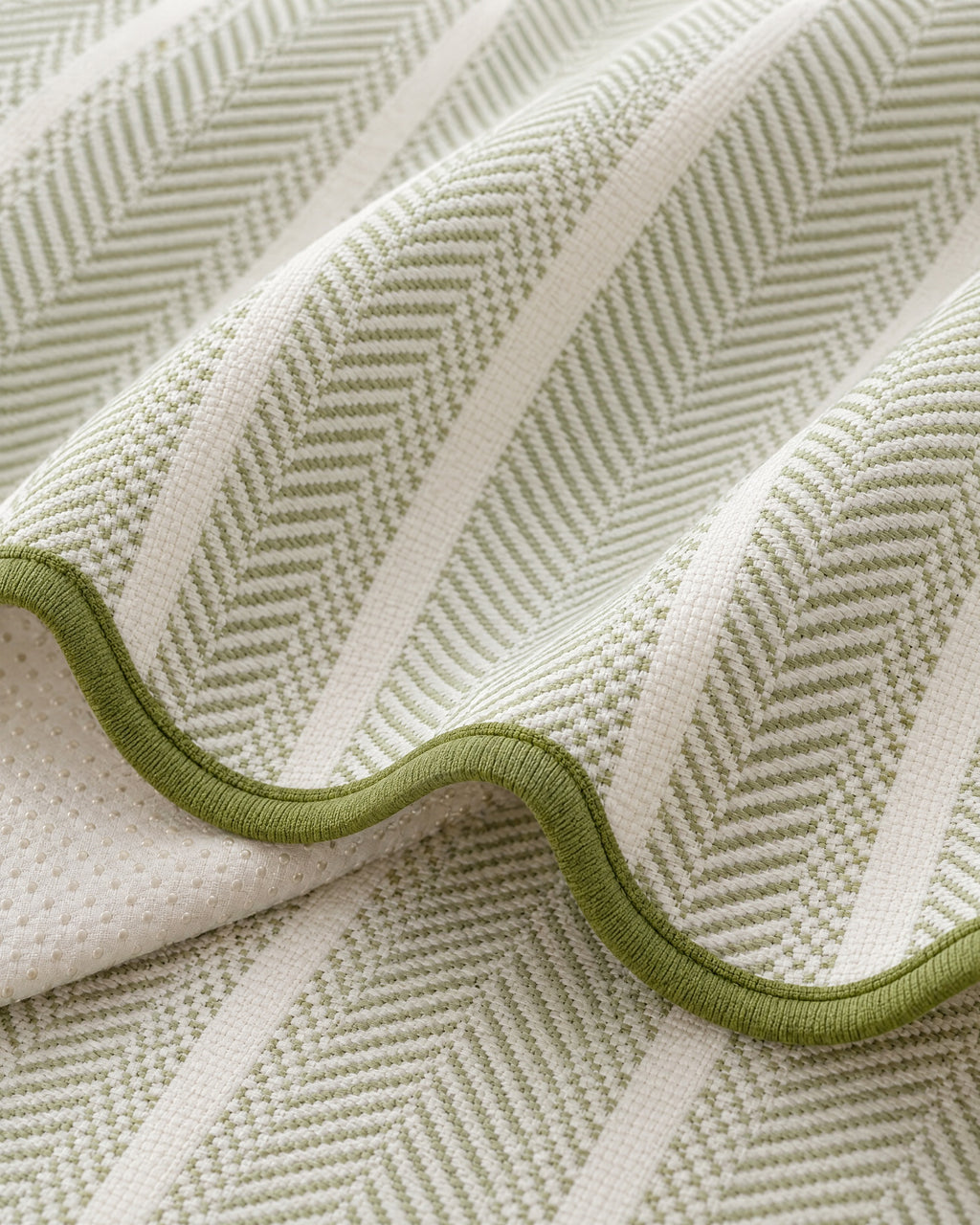 Sage Stripe: Close-up of the fabric and edge of the Aurivelle Herringbone Scallop Edge Sofa Cover