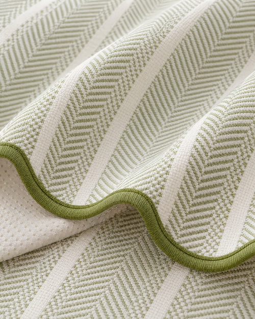 Sage Stripe: Close-up of the fabric and edge of the Aurivelle Herringbone Scallop Edge Sofa Cover