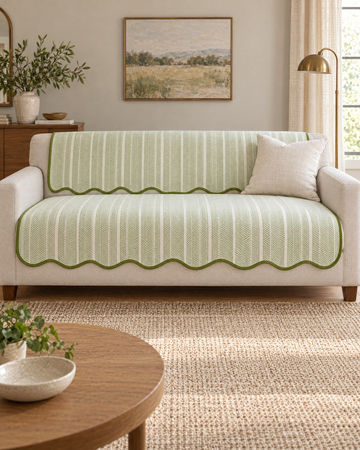 Sage Stripe: Aurivelle Herringbone Scallop Edge Sofa Cover shown on a full sofa, arms uncovered
