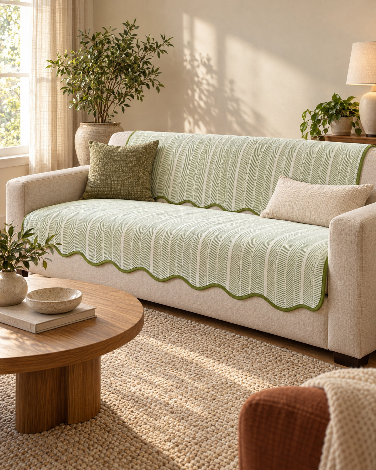 Sage Stripe: Aurivelle Herringbone Scallop Edge Sofa Cover in a warm living room