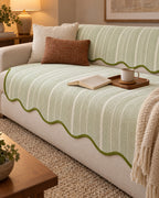 Sage Stripe: Aurivelle Herringbone Scallop Edge Sofa Cover on a cozy lived-in sofa