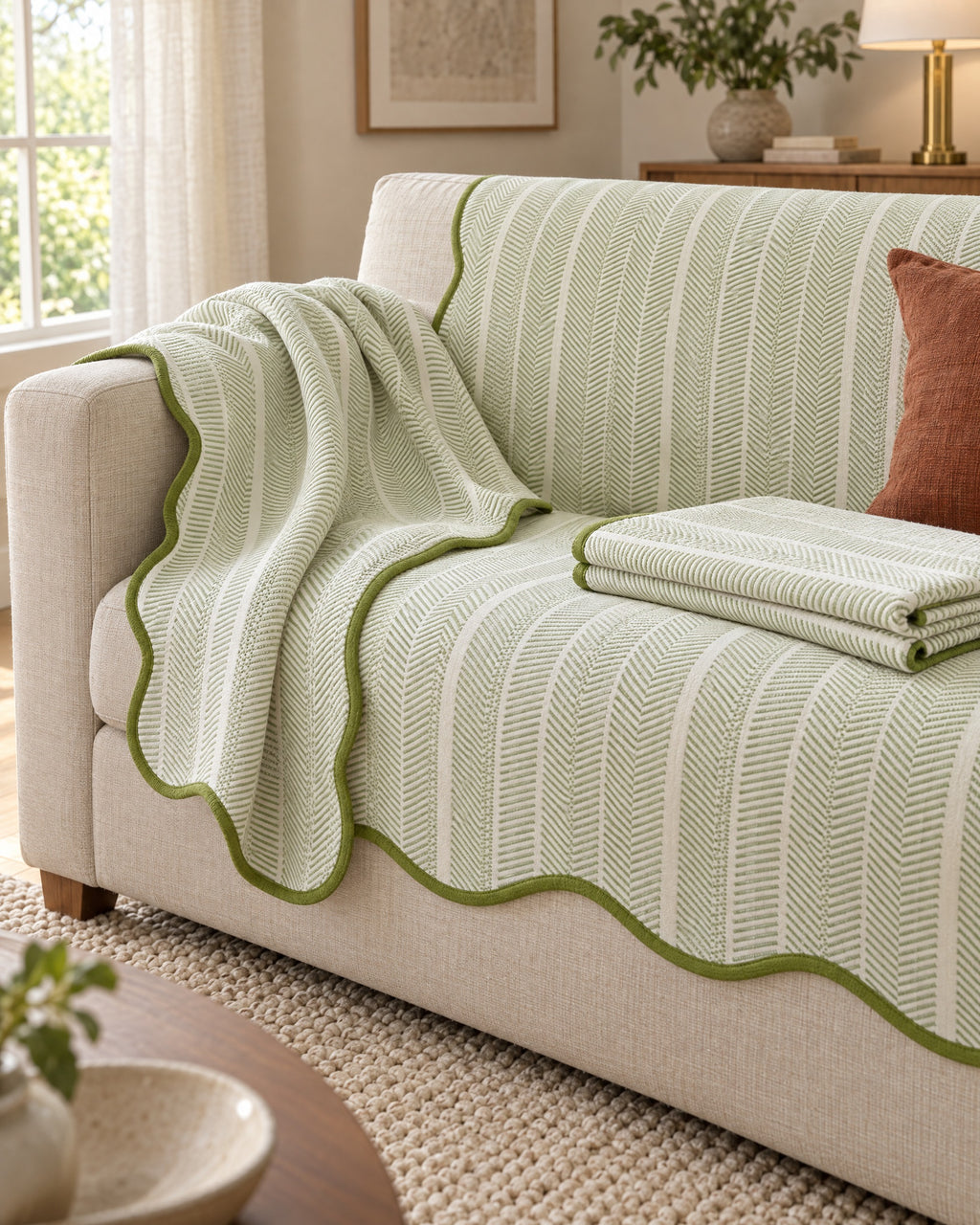 Sage Stripe: Aurivelle Herringbone Scallop Edge Sofa Cover draped over the sofa arm