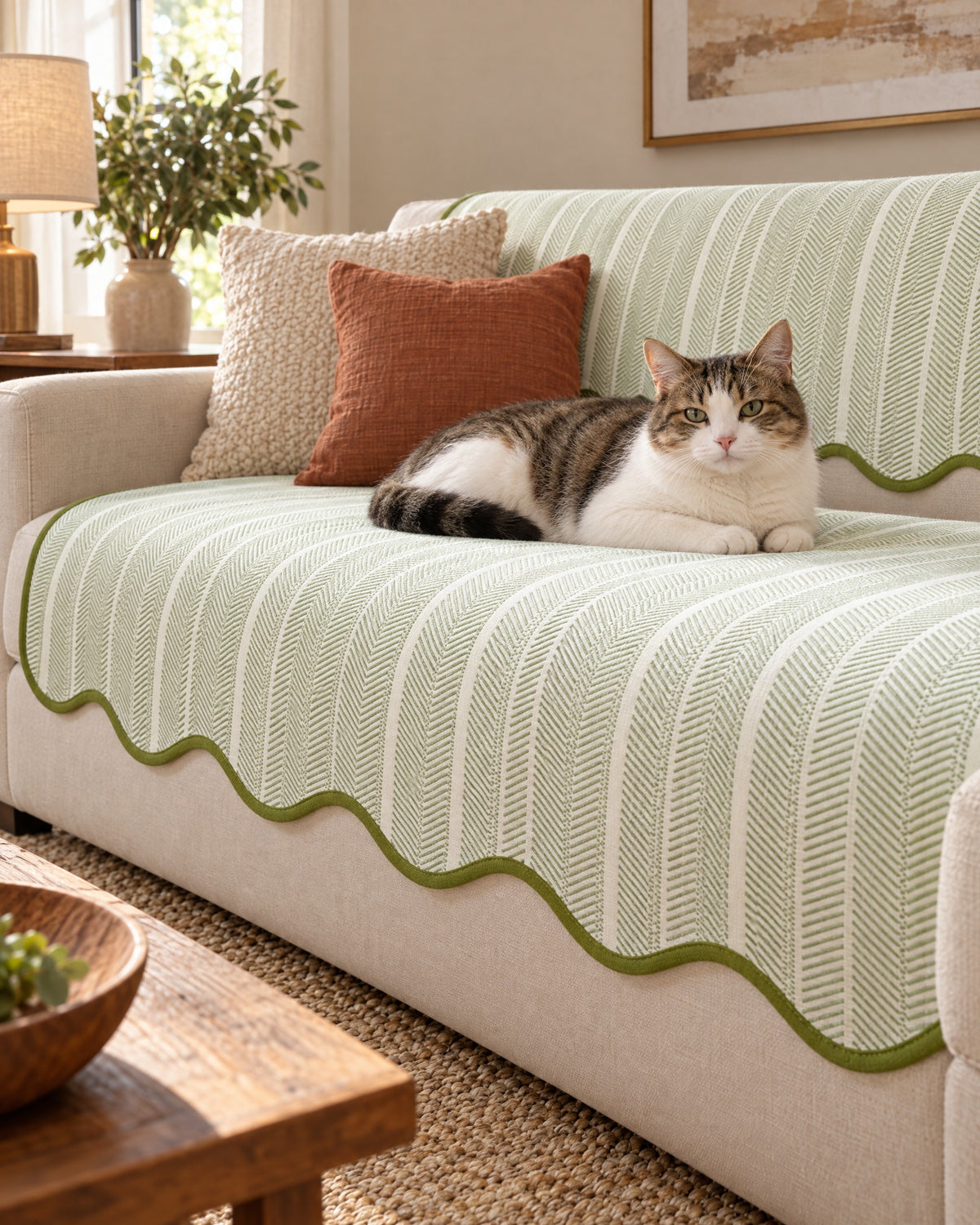 Sage Stripe: A cat resting on the Aurivelle Herringbone Scallop Edge Sofa Cover