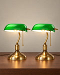 Bankers Green Glass Nightstand Lamp, Set of 2, both lamps switched on