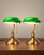 Bankers Green Glass Nightstand Lamp, Set of 2, both lamps switched on