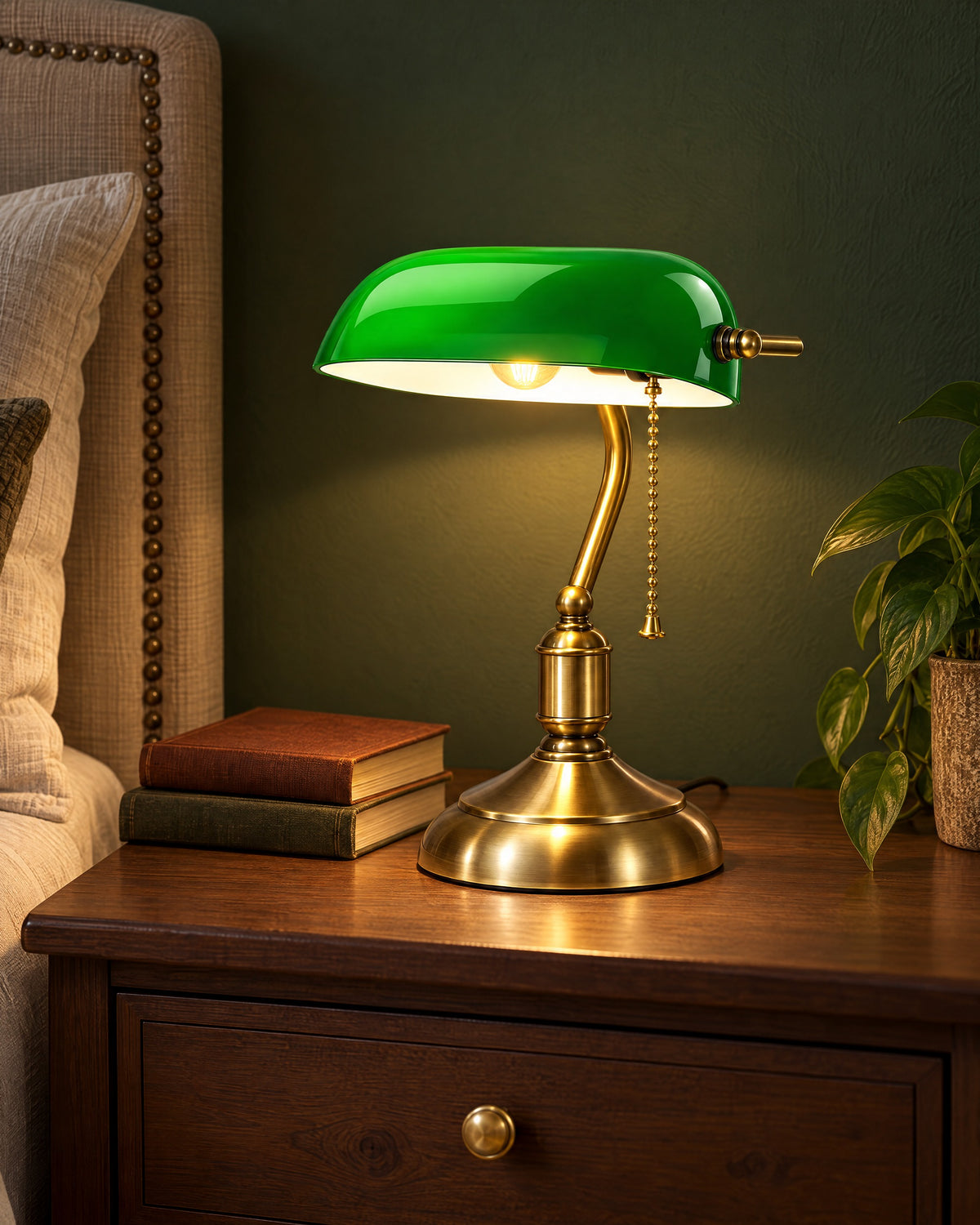 Bankers Green Glass Nightstand Lamp switched on on a nightstand in the evening